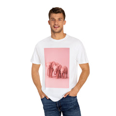 Close-up of soft garment-dyed pink elephant t-shirt showing premium cotton texture