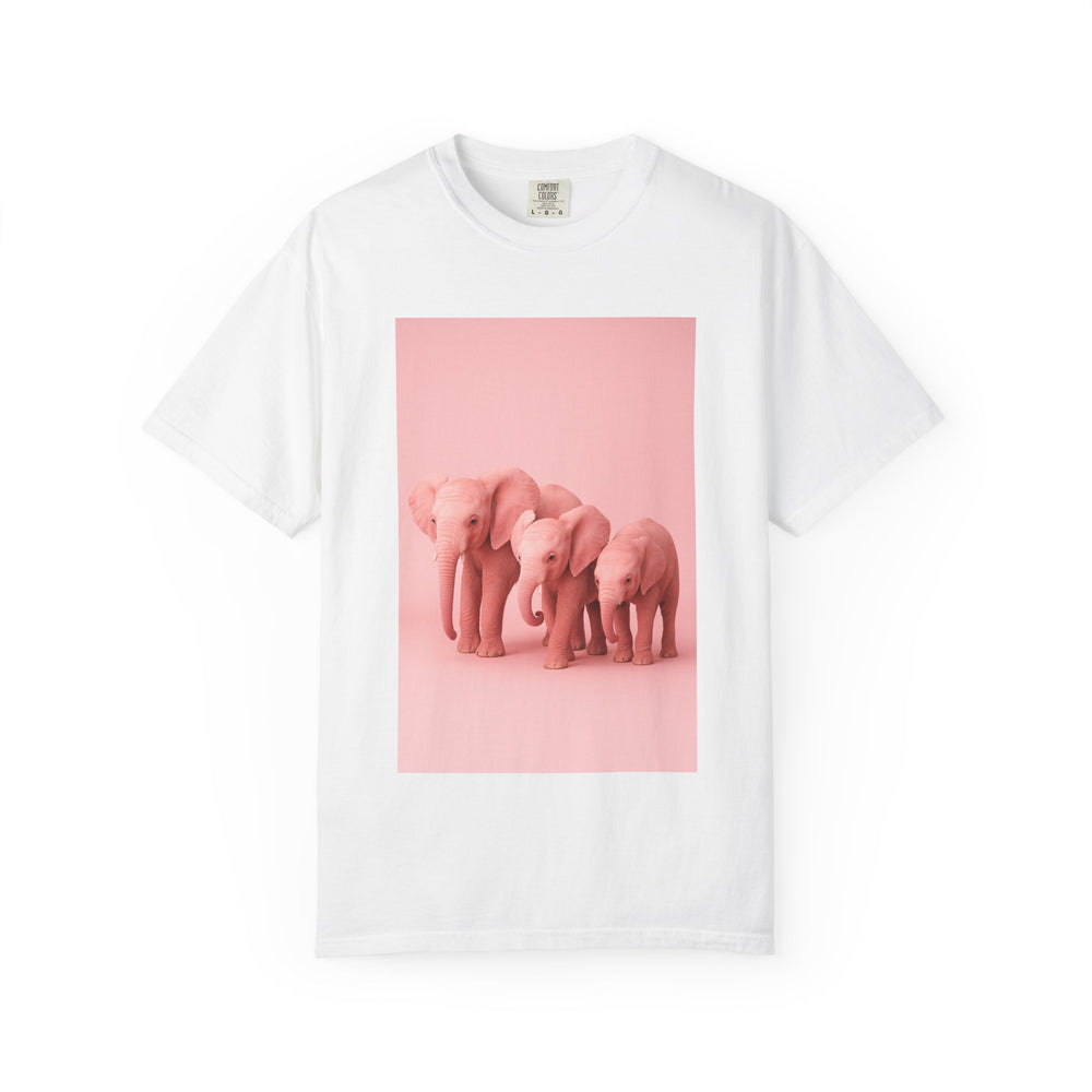 Happy family wearing matching pink elephant t-shirts at zoo, soft garment-dyed cotton