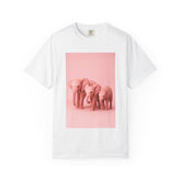 Happy family wearing matching pink elephant t-shirts at zoo, soft garment-dyed cotton