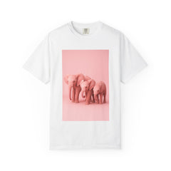 Happy family wearing matching pink elephant t-shirts at zoo, soft garment-dyed cotton