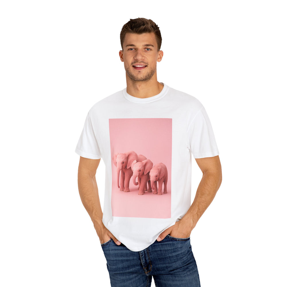  Close-up of soft garment-dyed pink elephant t-shirt showing premium cotton texture
