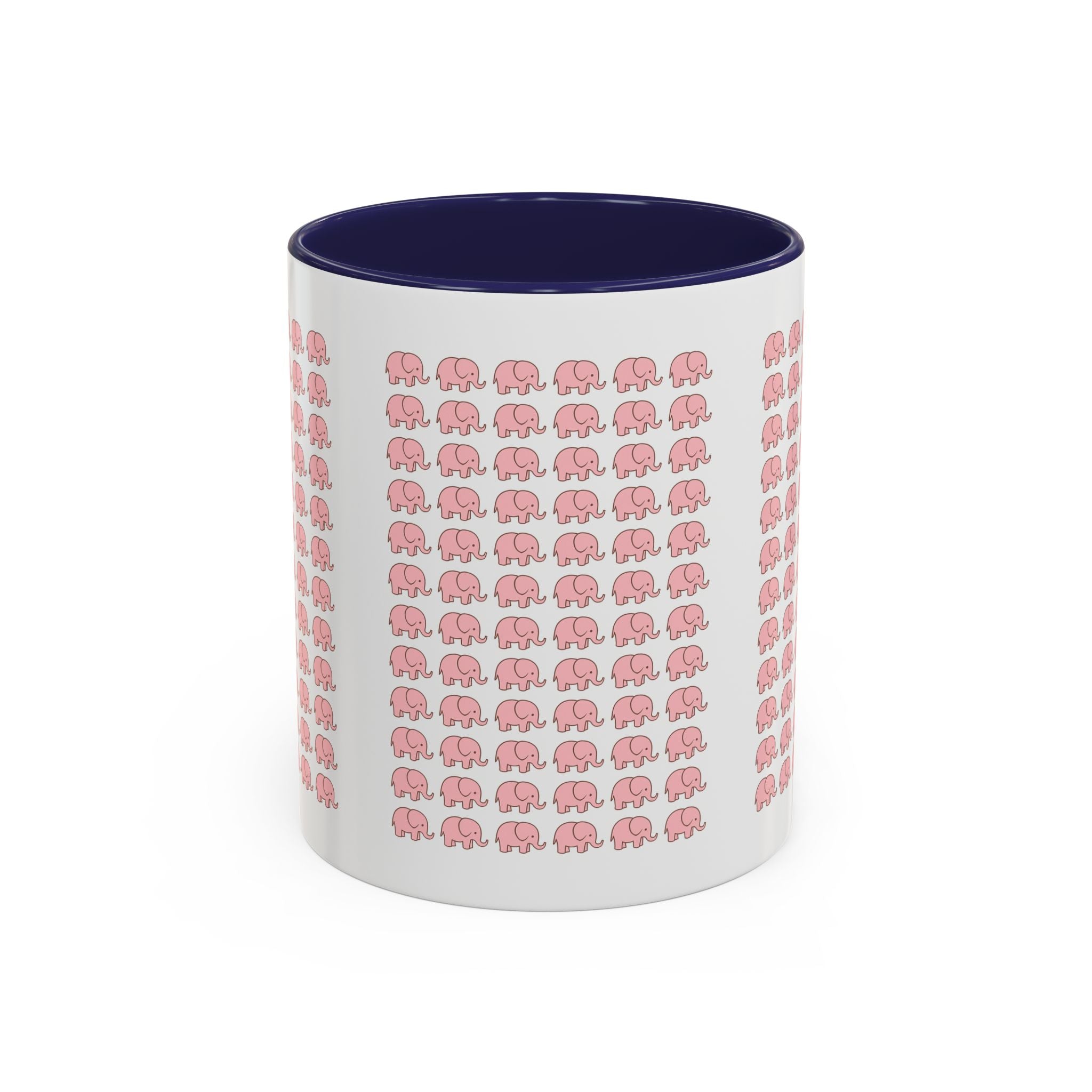 White mug with pink elephant pattern and navy interior on a white background