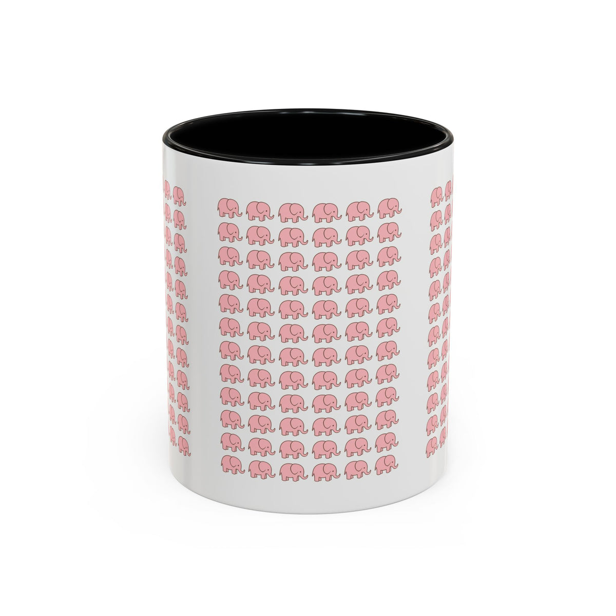 Happy woman enjoying morning coffee in cute pink elephant ceramic mug at kitchen table
