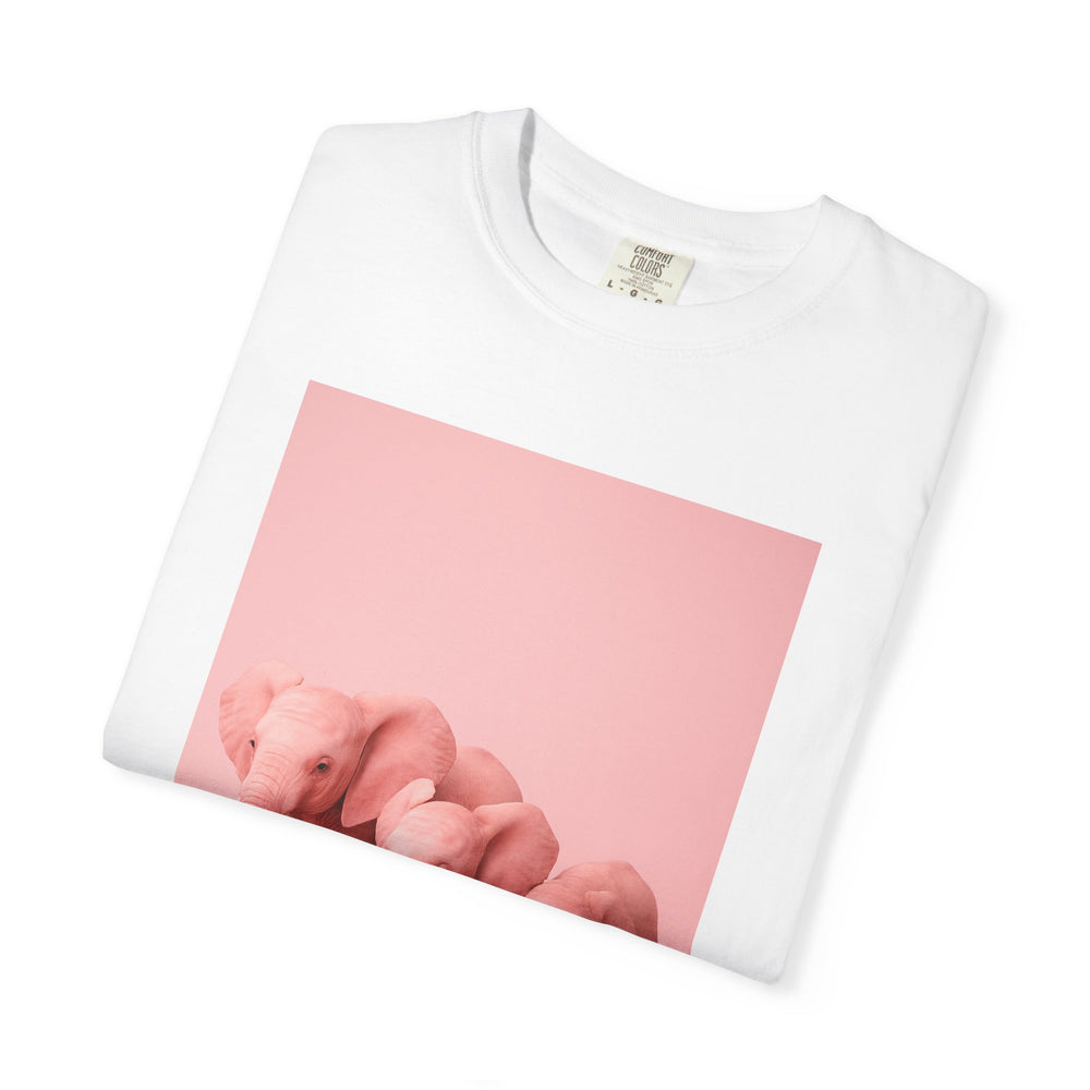 Pink elephant family t-shirt size chart showing comfortable unisex fit S through 4XL