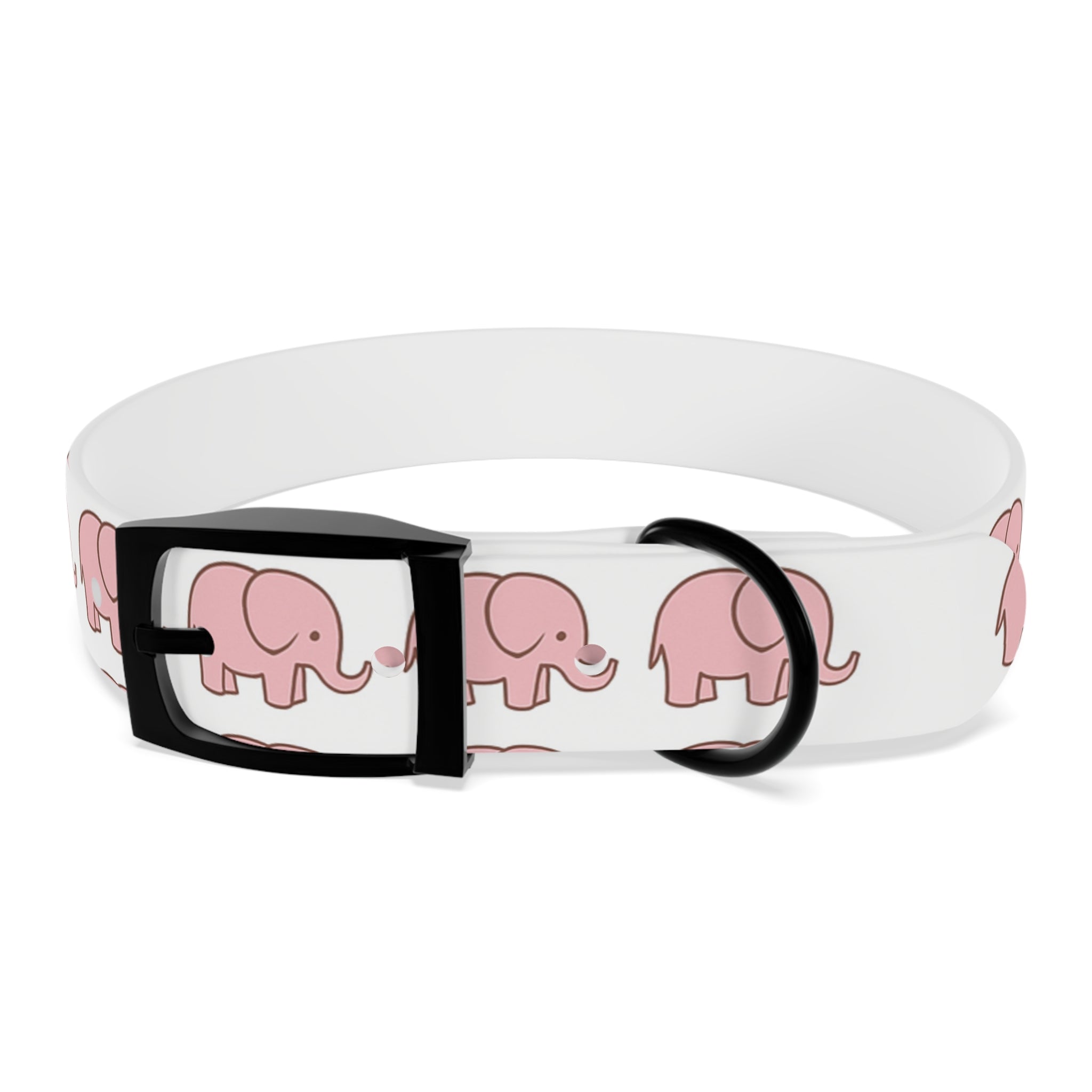 Four anodized aluminum buckle color options for pink elephant dog collar
