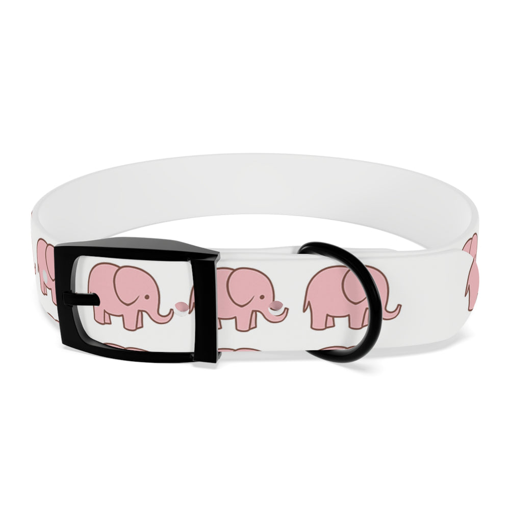 Four anodized aluminum buckle color options for pink elephant dog collar
